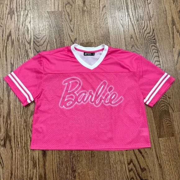 Barbie Mattel Pink Mesh Collegiate Striped Jersey Shirt Women's Size Medium 1959 - Picture 1 of 6